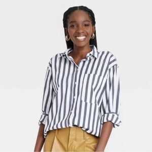 NWT  A New Day Navy & White Stripe Oversized Longsleeve Button Down Shirt XL